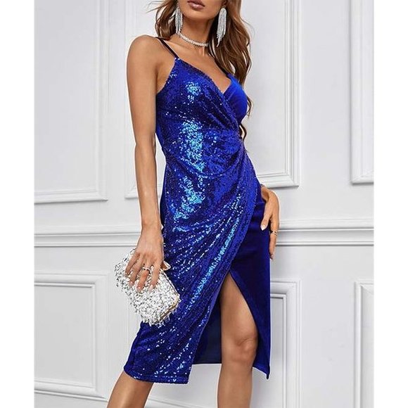 Dresses & Skirts - Blue Deep V-Neck Sleeveless Surplice Midi Dress